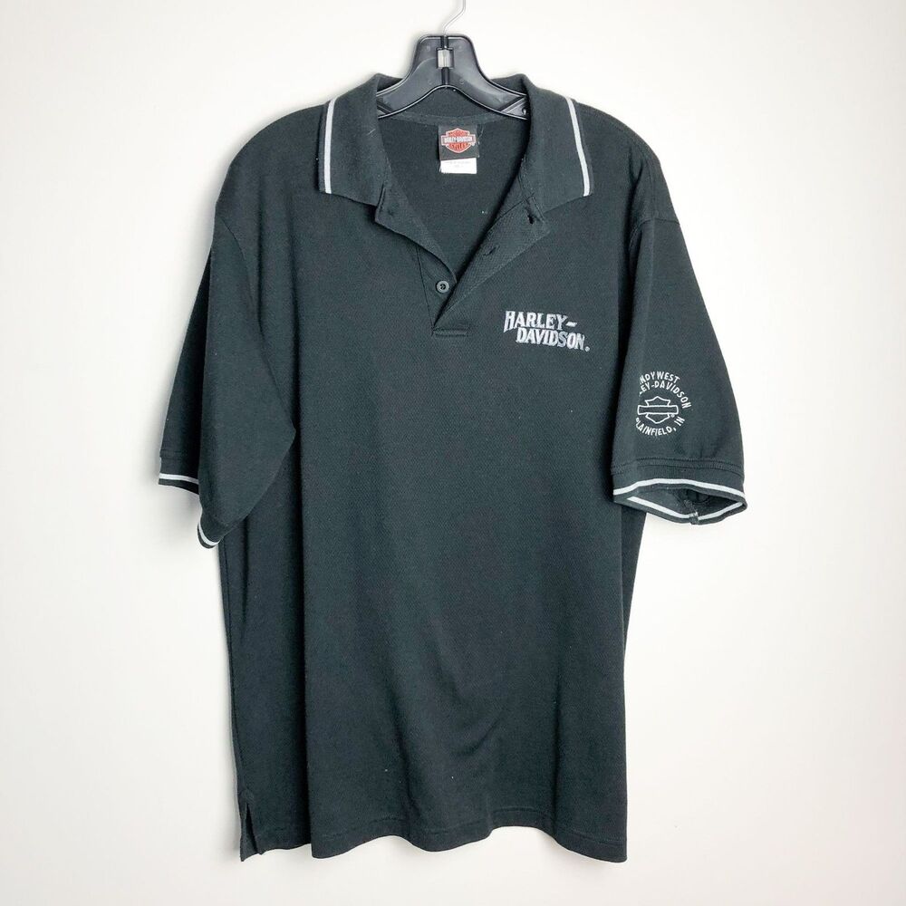Harley Davidson Black Plainfield IN Embroidered Collard Polo Shirt Large